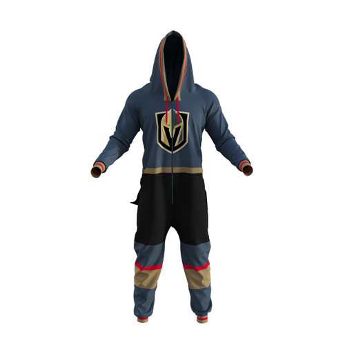 Vegas Golden Knights, a hoodie with the team logo and hood design in blue, black, gold, and red colors.