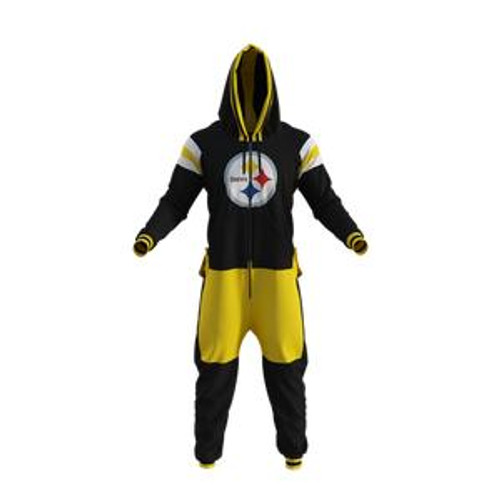 Pittsburgh Steelers NFL Onesie, a children's football jumpsuit in black, yellow, and white featuring the Steelers logo on the chest, with a hood, zipper front, and matching pants.