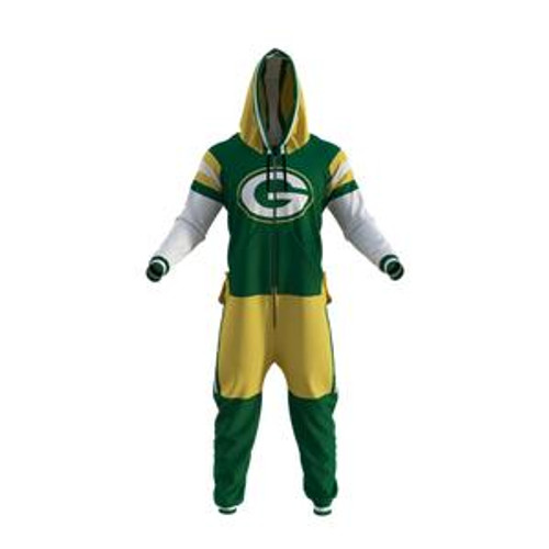 Green Bay Packers NFL Onesie, a baby onesie featuring the Green Bay Packers logo and team colors with a hood.