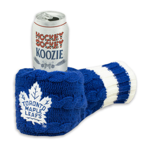 Toronto Maple Leafs NHL Koozie, blue knit koozie with white Maple Leafs logo and striped design, with a can of HOCKEY SOCCER KOOZIE inside.