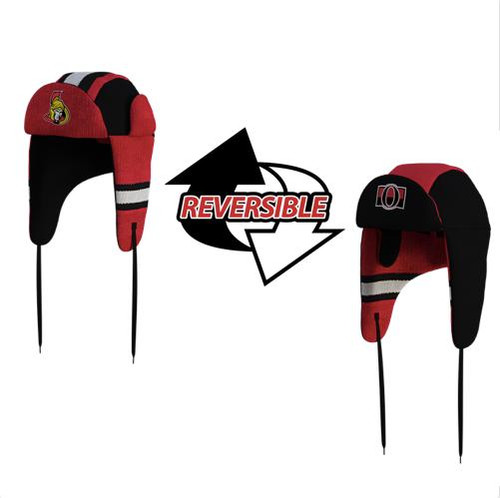 Ottawa Senators NHL Reversible Trapper, image shows a red and black knit trapper with team logos, designed to be worn reversible for different team appearances.