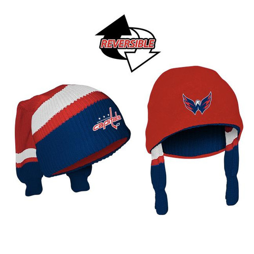 Washington Capitals NHL Reversible Socky, red and blue knit winter hats with team logos and ear flaps, reversible design.