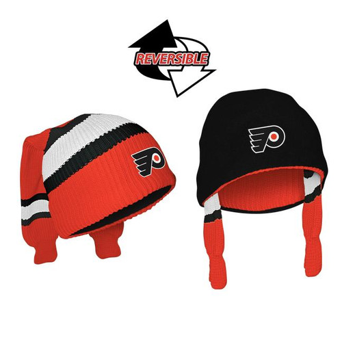 Philadelphia Flyers NHL Reversible Socks, displayed with one side showing a red and black beanie and the other side showing a black beanie with ear flaps.