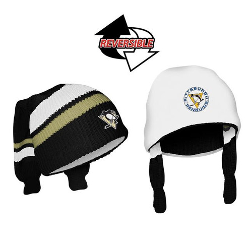 Pittsburgh Penguins NHL Reversible Socks, two winter hats with team logos, one black and gold knit hat with ear flaps and the other white hat with ear flaps and team badge, reversible design concept.