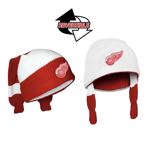 Detroit Red Wings NHL Reversible Socks, red and white knit reversible hockey hats with team logo and ear flaps.