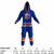 New York Islanders NHL Onesie, blue and orange sports team hoodie and pants with team logo and stripes.