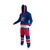 Columbus Blue Jackets NHL Onesie, a team-colored adult onesie with the Columbus Blue Jackets logo on the chest, featuring a blue hoodie, red, white, and blue striped sleeves, and matching striped pants.