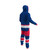 Columbus Blue Jackets NHL Onesie, front view of a person wearing a blue, red, and white hockey-themed onesie with a hood and team colors.