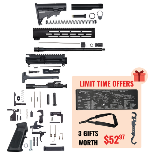 AR-15 300 Blackout 16" Rifle Upper Complete Build Kits (Unassembled Black Barrel Upper) - Black
