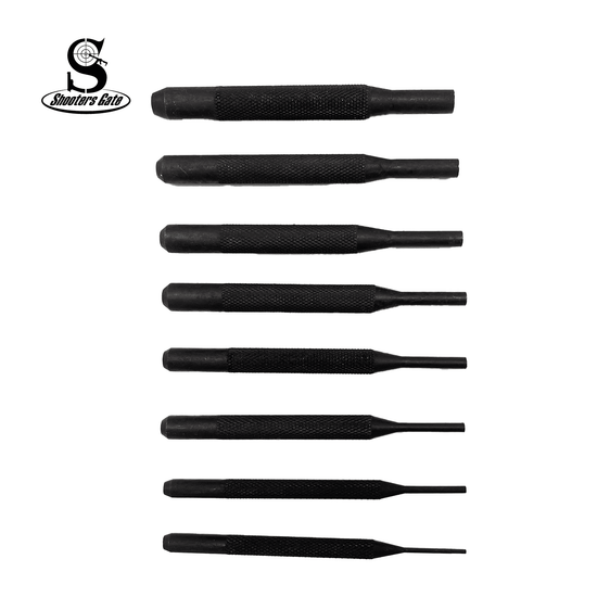 Shooters Gate Gunsmith / Armorer’s Short Drive 8pc Steel Pin Punch Set contains 1/16″, 3/32″, 1/8″, 5/32″, 3/16″, 7/32, 1/4″, 5/16” sizes.