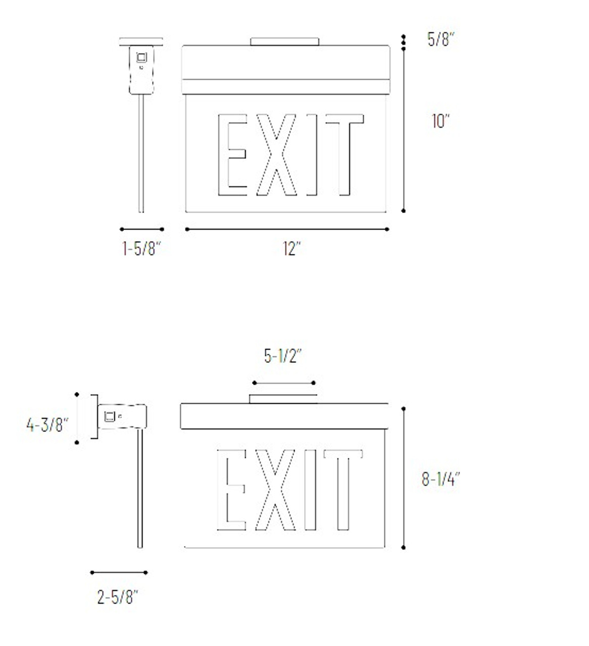 NX-812-LEDGCA Surface Adjustable LED Edge-lit Exit Sign Battery Backup 6" Green Line Drawing