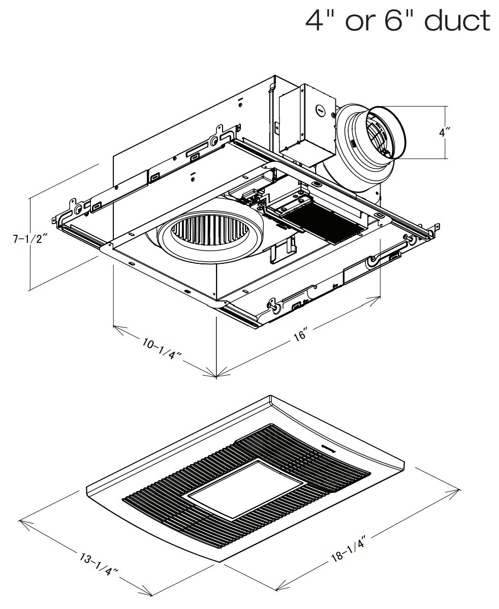FV-0511VHL1 WhisperWarm® DCFan-Heater-Light combination, 50-80 110 CFM Line Drawing