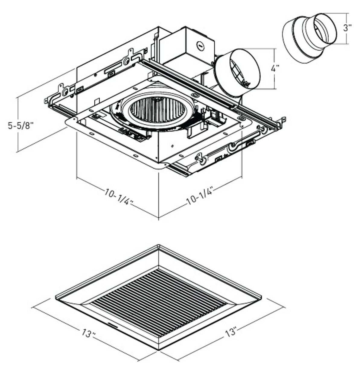 FV-0511VFC1 WhisperFit® DCRemodeling Fan with Pick-A-Flow 50, 80 or 110 Line Drawing FV-0511VFC1 WhisperFit® DCRemodeling Fan with Pick-A-Flow 50, 80 or 110 Line Drawing