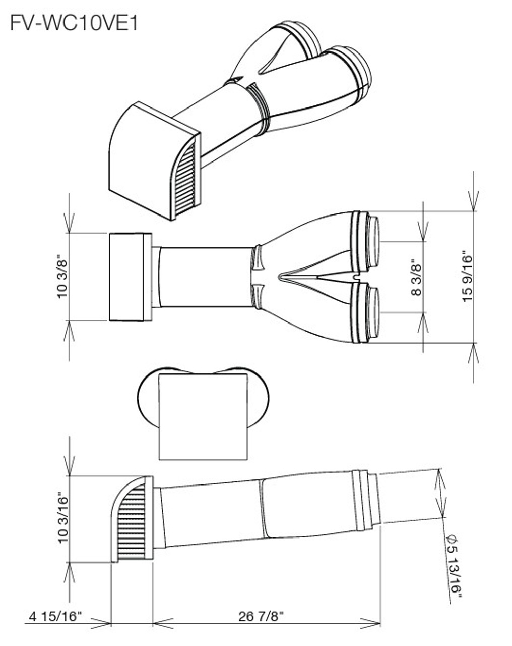 FV-WC10VE1 WhisperVent Wall Cap, Double chambers for 100 CFM exhaust Line Drawing