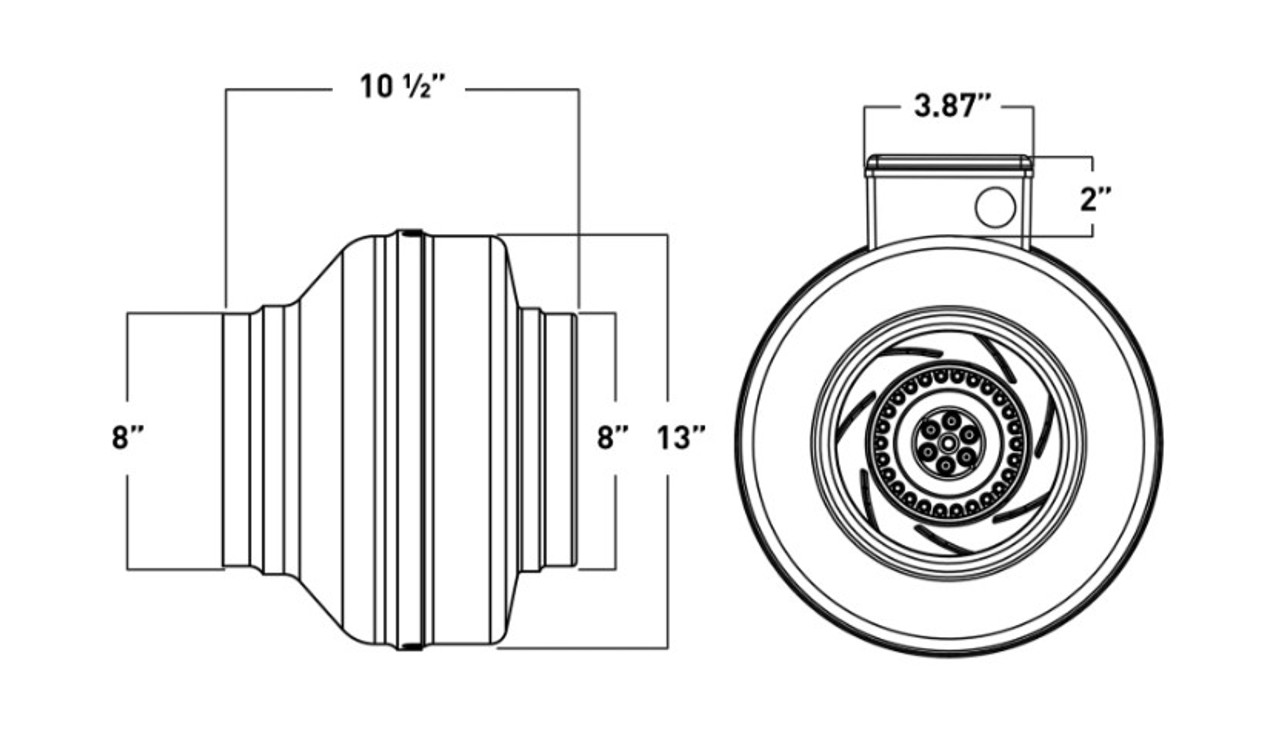 VTX800L Atmosphere Inline Fans 8" BlowerFan-Centrifugal, 602CFM@.2"sp Line Drawing
