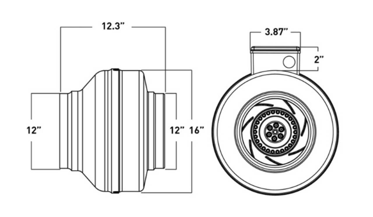 VTX1200L Atmosphere Inline Fans 12" BlowerFan-Centrifugal Line Drawing