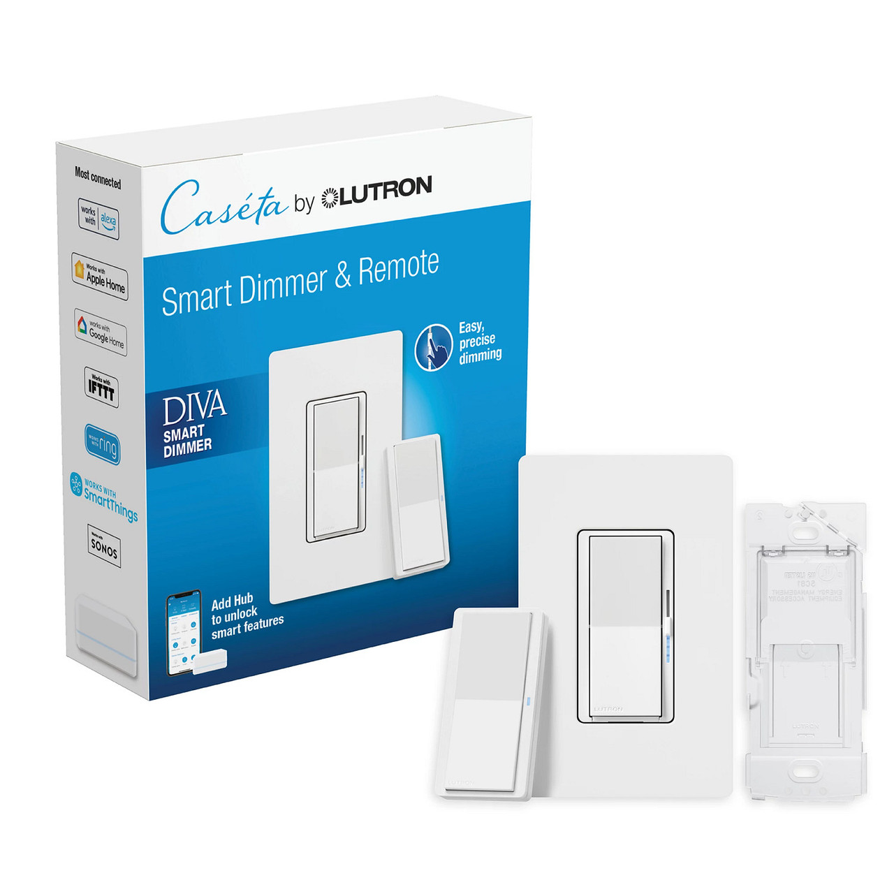 DVRF-PKG1D-WH-R Diva Smart Dimmer Switch 3-WAY Kit With Pico Paddle Remote