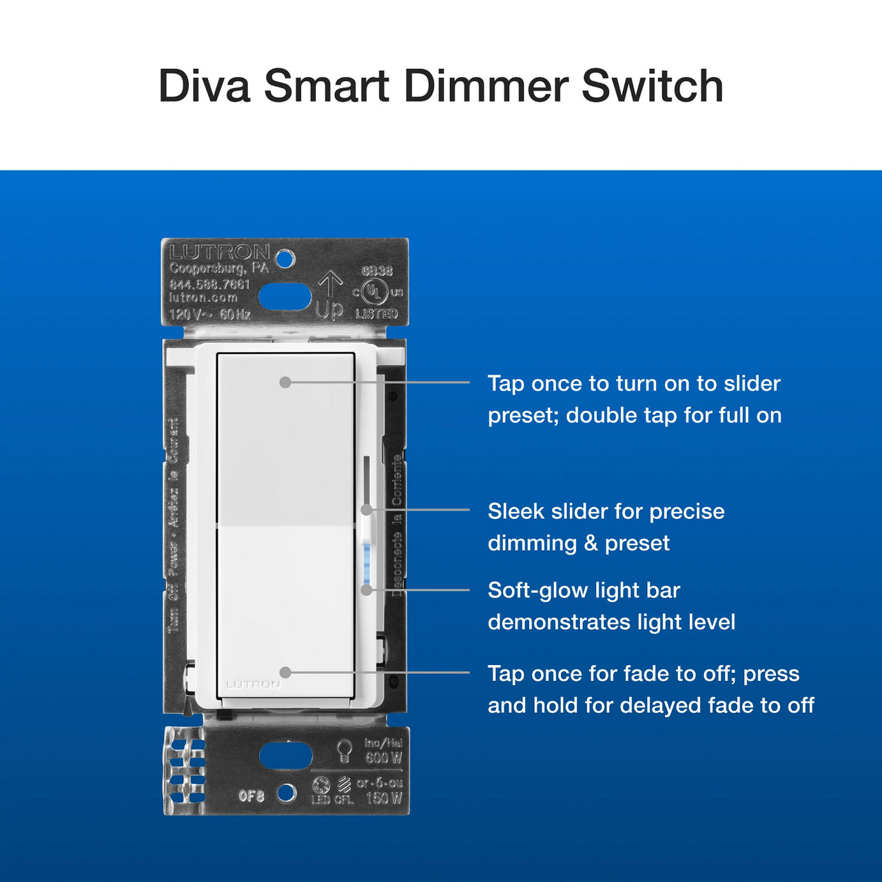 DVRF-PKG1D-WH-R Diva Smart Dimmer Switch 3-WAY Kit With Pico Paddle Remote