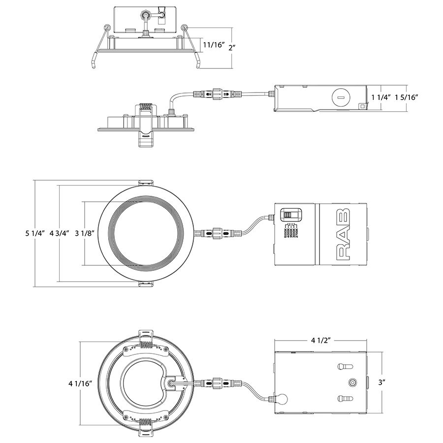 WFRL4R99FA120BB Edge-lit Wafer 4" 9W 750LM 90CRI 5CCT 120V Triac/elv Round Blk Line Drawing