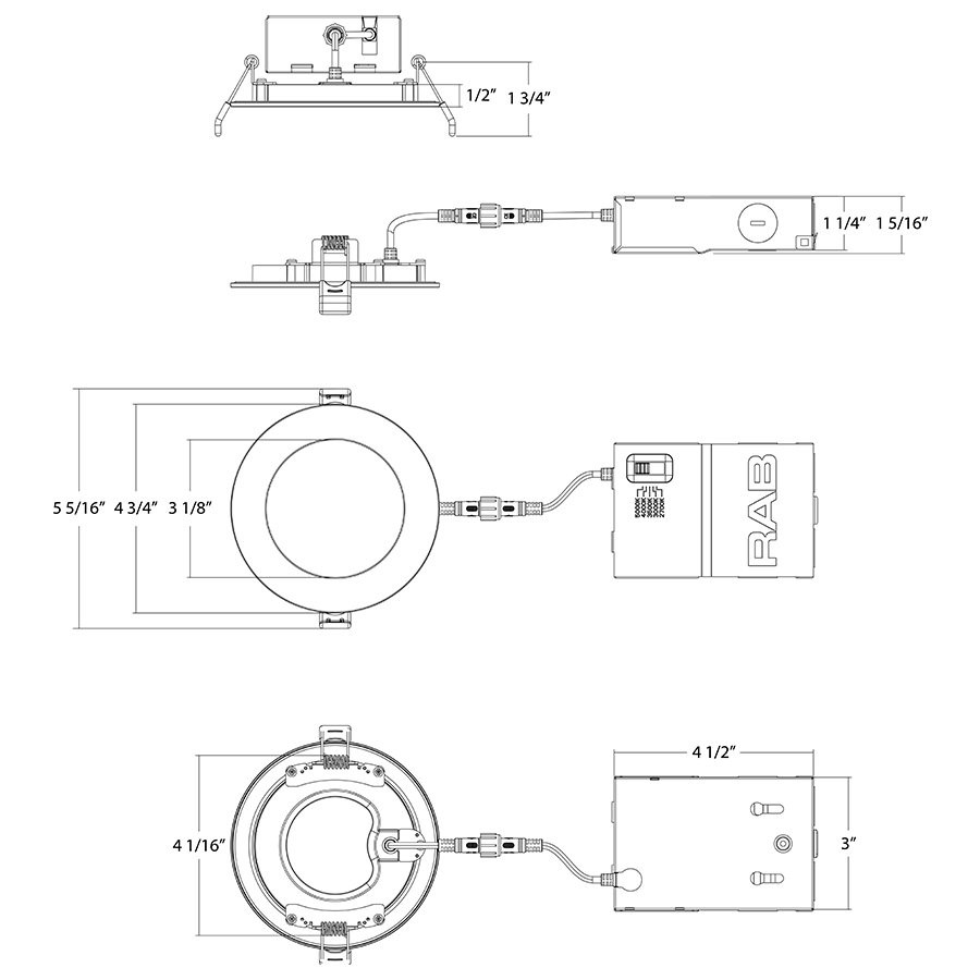 WFRL4R99FA120BS Edge-lit Wafer 4" 9W 750LM 90CRI 5CCT 120V Triac/elv Round Blk Line Drawing