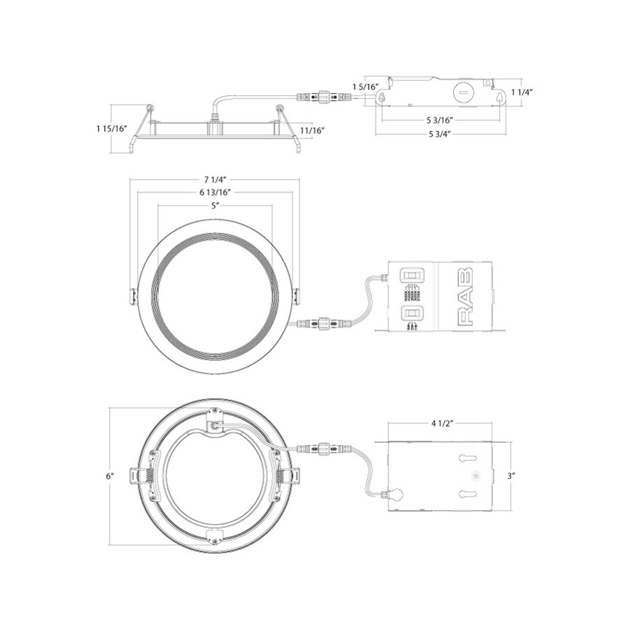 WFRX-6BD Edge-lit Wafer 6" 15/13/11W 5CCT 90CRI 120-277V Baffle Round Line Drawing