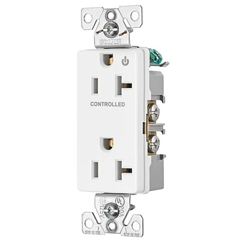 6352CHW Commercial Duplex Receptacle, Controlled, Half control, #14-10 AWG, 20A, 125V, Two-pole, Three-wire
