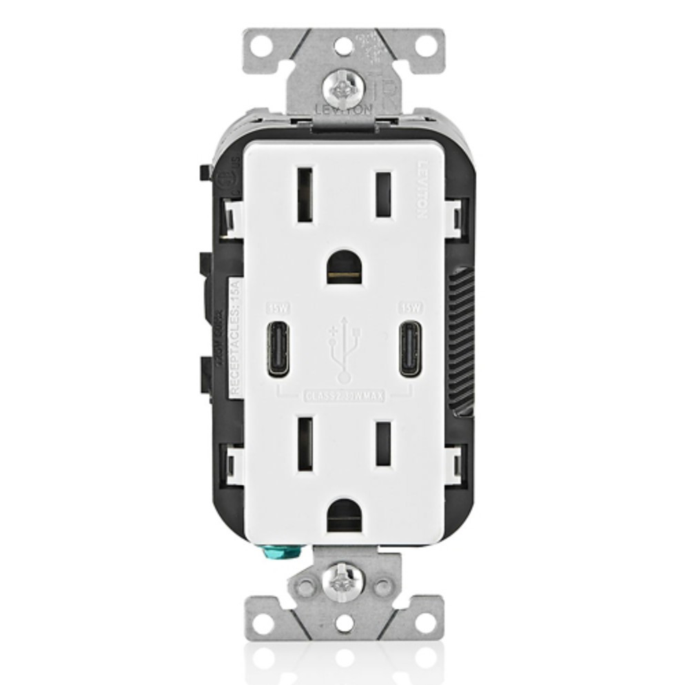 Leviton T5637-W 30W (6A) USB Dual Type-C/C Wall Outlet Charger, 15A TR Outlet