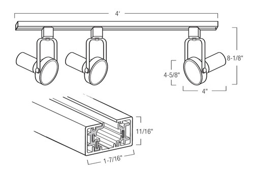 NTL-158BZ 4-FT Track Pack With (3) Gimbal Ring PAR30 Track Heads Bronze Line Drawing