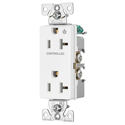6352CHW Commercial Duplex Receptacle, Controlled, Half control, #14-10 AWG, 20A, 125V, Two-pole, Three-wire