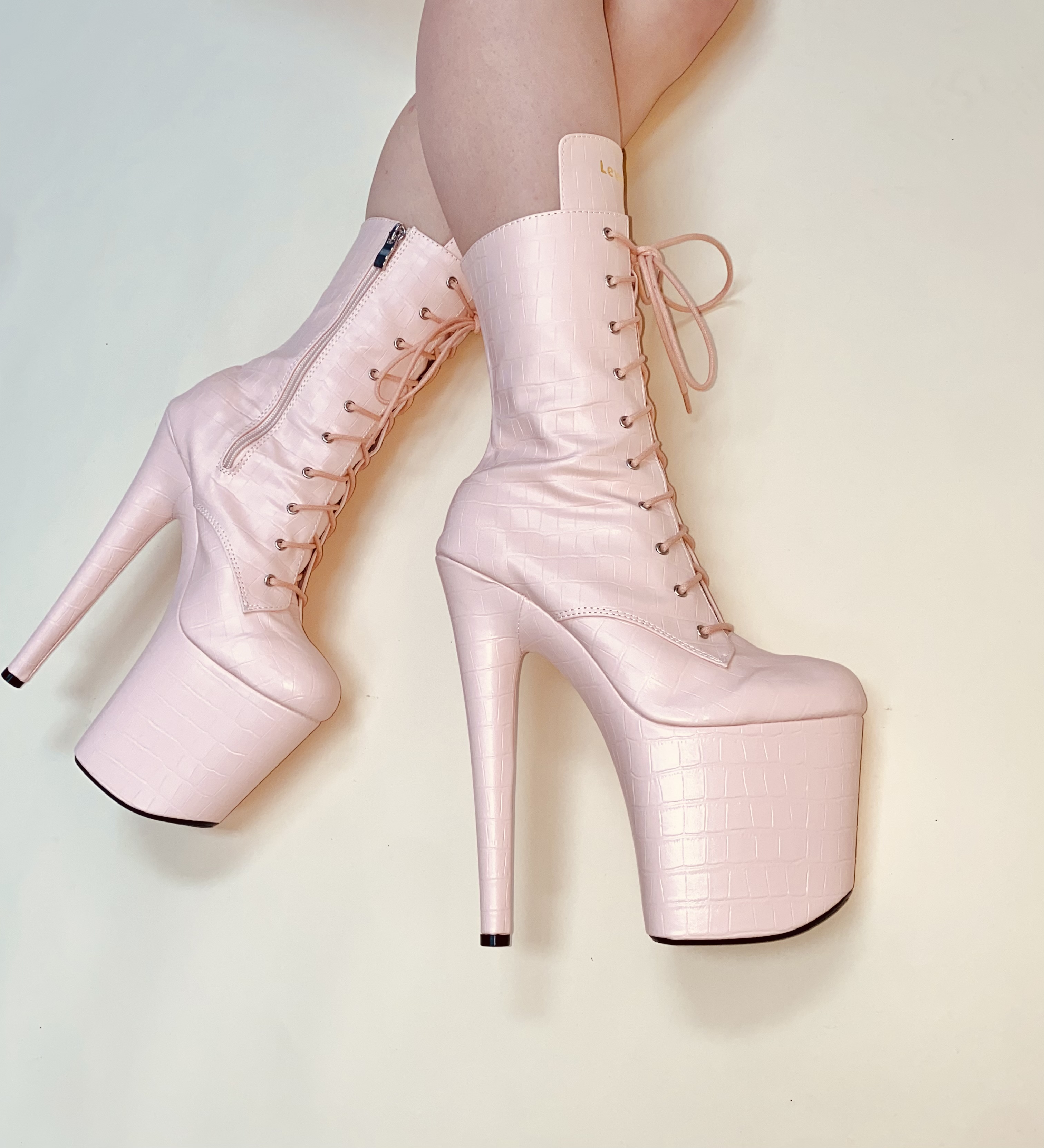 Pink ankle boots mid high heels with satin laces