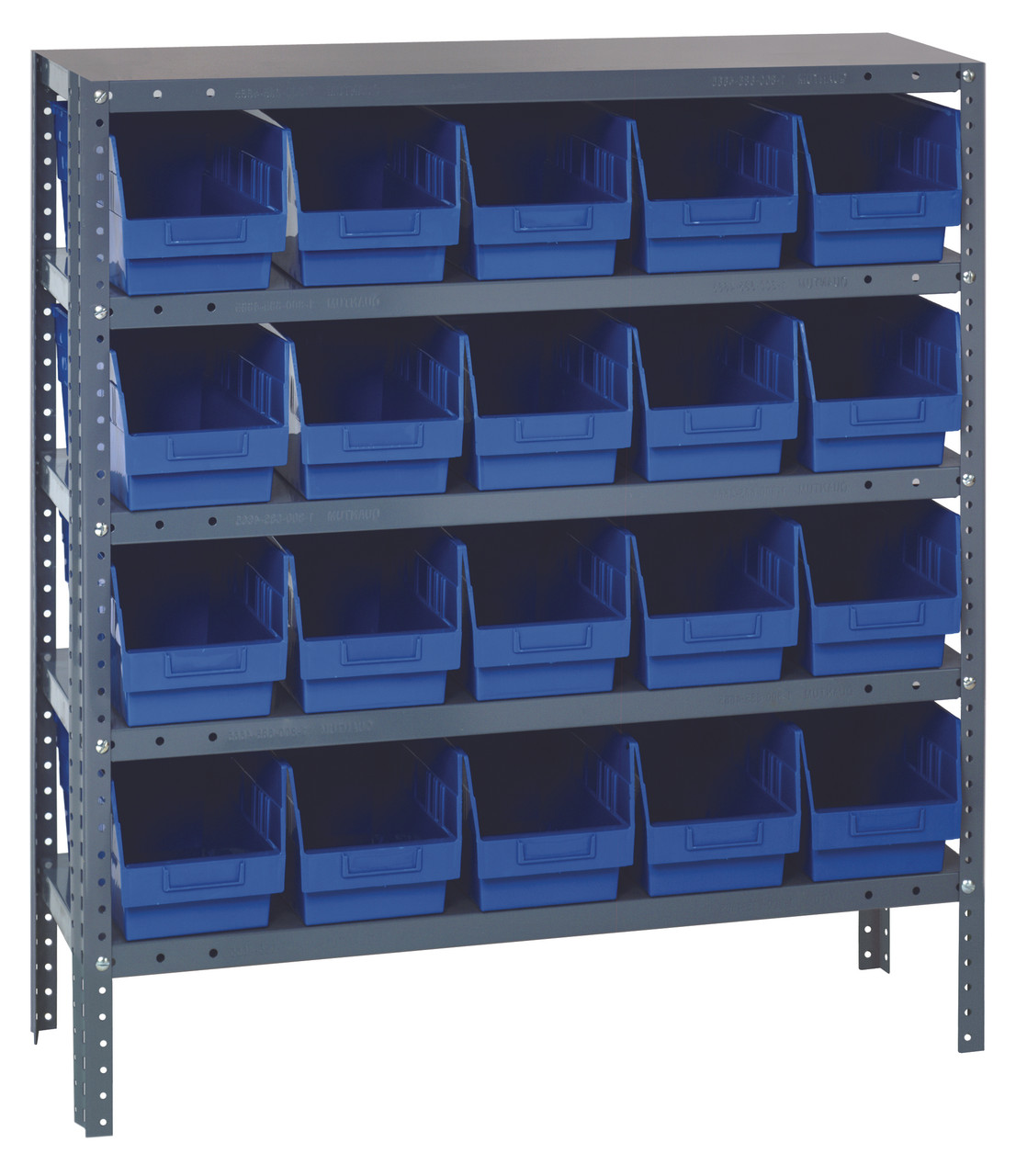 Shelving Unit, 12"D x 36"L x 39"H, heavy duty, 400 lb. load capacity per shelf, includes: (5) shelves, (20) 11-5/8"L x 6-5/8"W x 6"H (QSB202) bins available in multiple colors, uprights and cross bars, smooth powder-coat finish, 1239-202BL