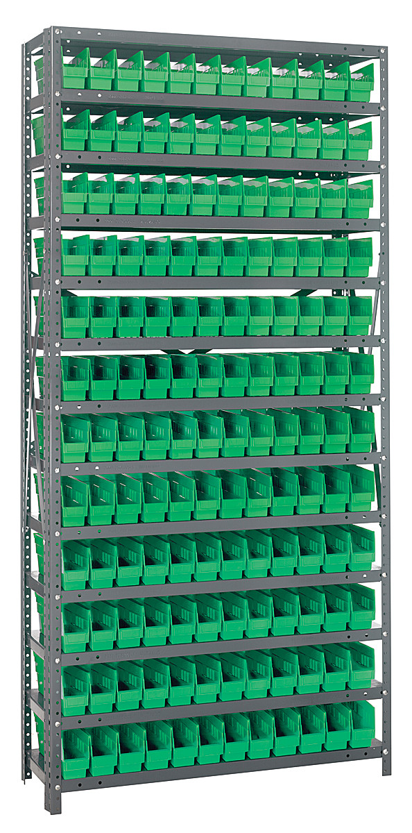 Shelving Unit, 12"D x 36"L x 75"H, heavy duty, 400 lb. load capacity per shelf, includes: (13) shelves, (144) 11-5/8"L x 2-3/4"W x 4"H (QSB100) yellow black bins, uprights and cross bars, smooth powder-coat finish, 1275-100YL