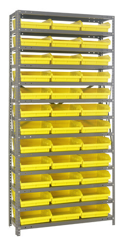 Shelving Unit, 12"D x 36"L x 75"H, heavy duty, 400 lb. load capacity per shelf, includes: (13) shelves, (36) 11-5/8"L x 11-1/8"W x 4"H (QSB109) green black bins, uprights and cross bars, smooth powder-coat finish, 1275-109GN