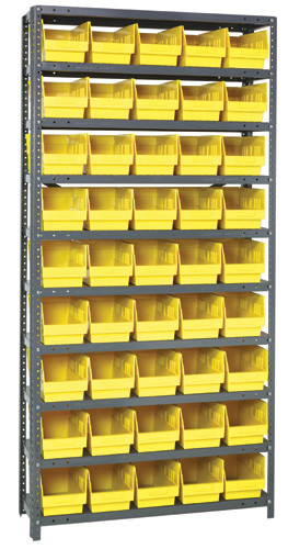 Shelving Unit, 12"D x 36"L x 75"H, heavy duty, 400 lb. load capacity per shelf, includes: (10) shelves, (45) 11-5/8"L x 6-5/8"W x 6"H (QSB202) blue black bins, uprights and cross bars, smooth powder-coat finish, 1275-202BL
