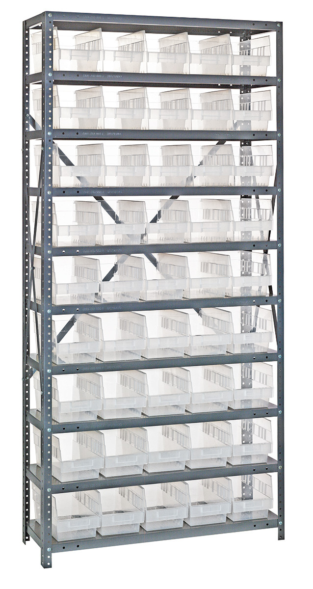 Shelving Unit, 12"D x 36"L x 75"H, heavy duty, 400 lb. load capacity per shelf, includes: (10) shelves, (45) 11-5/8"L x 6-5/8"W x 6"H (QSB202) clear black bins, uprights and cross bars, smooth powder-coat finish, 1275-202CL