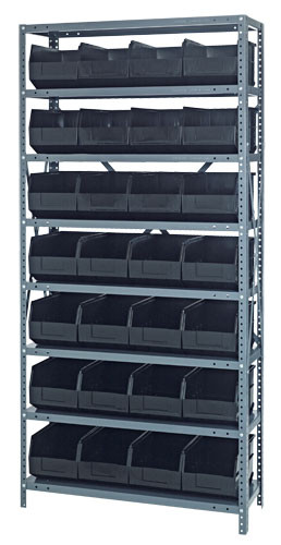 Shelving Unit, 12"D x 36"L x 75"H, heavy duty, 400 lb. load capacity per shelf, includes: (8) shelves, (28) 12"L x 8-1/4"W x 7"H (SSB423) gray black bins, uprights and cross bars, smooth powder-coat finish, 1275-423GY