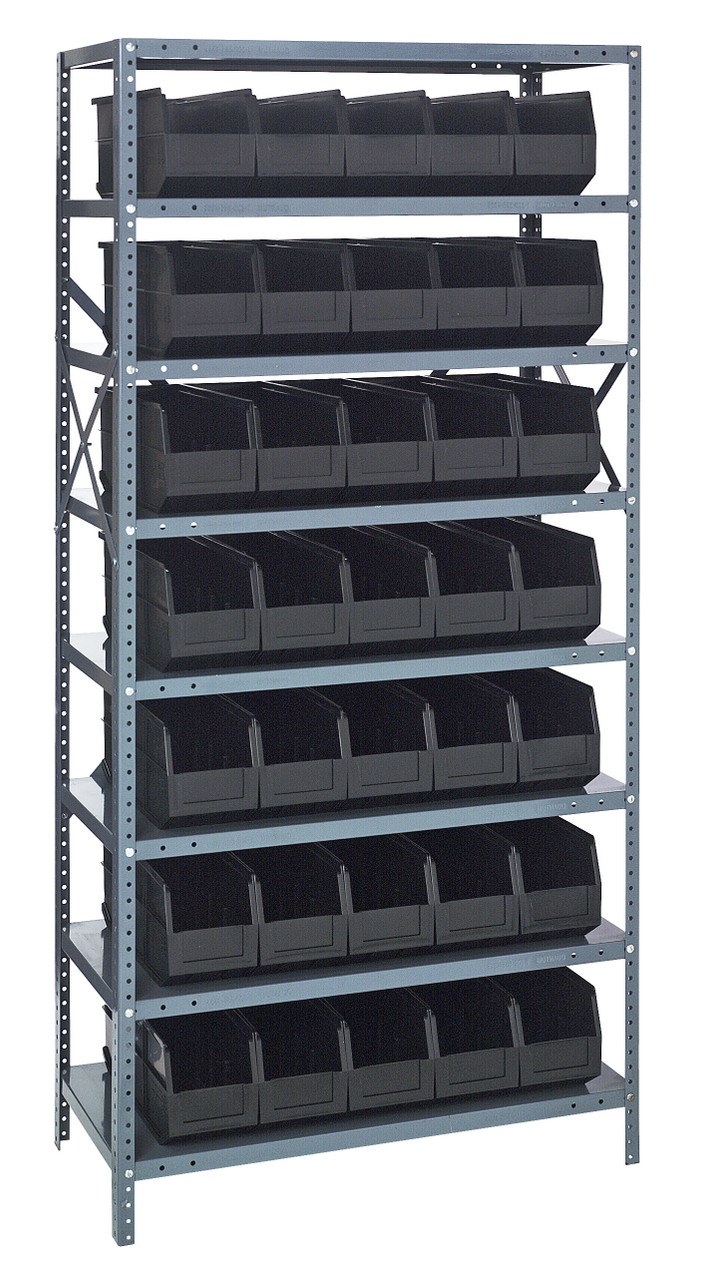 Shelving Unit, 12"D x 36"L x 75"H, heavy duty, 400 lb. load capacity per shelf, includes: (8) shelves, (35) 14"L x 6"W x 7"H (SSB441) black black bins, uprights and cross bars, smooth powder-coat finish, 1275-441BK