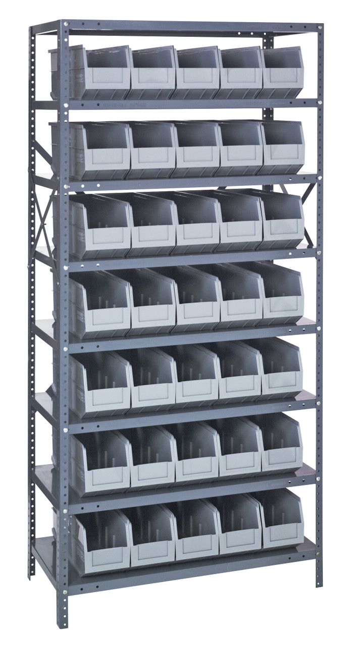 Shelving Unit, 12"D x 36"L x 75"H, heavy duty, 400 lb. load capacity per shelf, includes: (8) shelves, (35) 14"L x 6"W x 7"H (SSB441) gray black bins, uprights and cross bars, smooth powder-coat finish, 1275-441GY