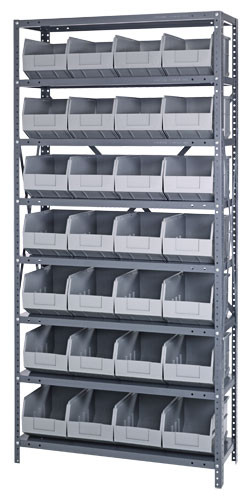 Shelving Unit, 12"D x 36"L x 75"H, heavy duty, 400 lb. load capacity per shelf, includes: (8) shelves, (28) 14"L x 8-1/4"W x 7"H (SSB443) black black bins, uprights and cross bars, smooth powder-coat finish, 1275-443BK