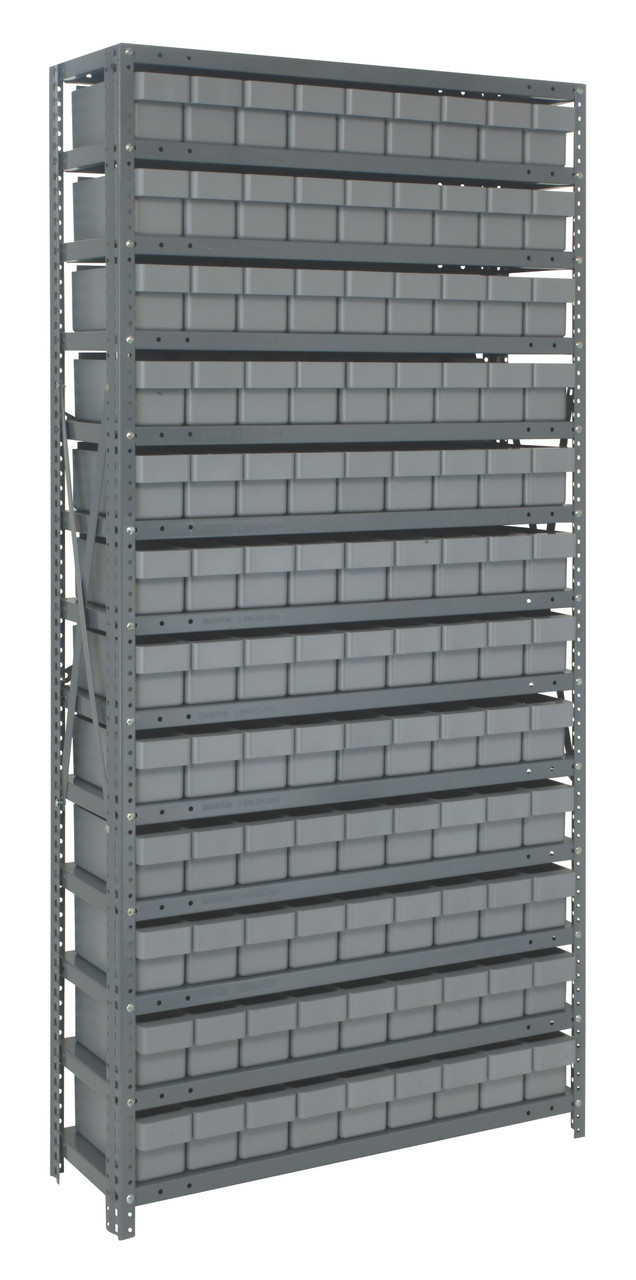 Shelving Unit, 12"D x 36"L x 75"H, heavy duty, 400 lb. load capacity per shelf, includes: (13) shelves, (108) 11-5/8"L x 3-3/4"W x 4-5/8"H (QED501) gray black bins, uprights and cross bars, smooth powder-coat finish, 1275-501GY