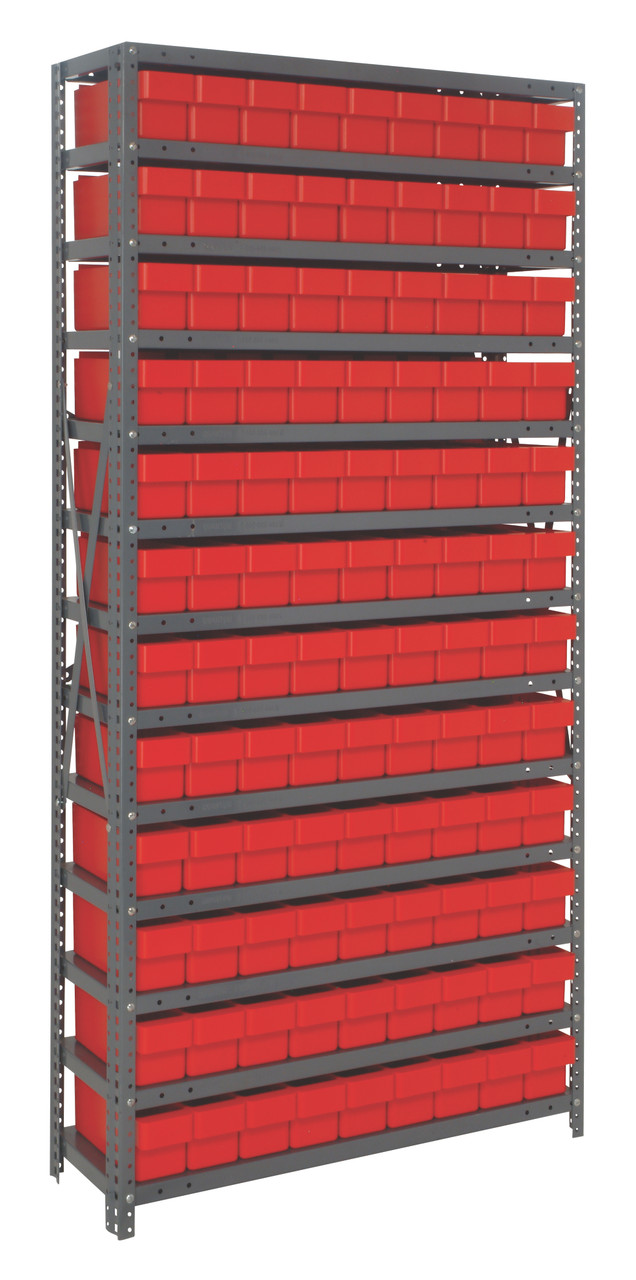 Shelving Unit, 12"D x 36"L x 75"H, heavy duty, 400 lb. load capacity per shelf, includes: (13) shelves, (108) 11-5/8"L x 3-3/4"W x 4-5/8"H (QED501) red black bins, uprights and cross bars, smooth powder-coat finish, 1275-501RD