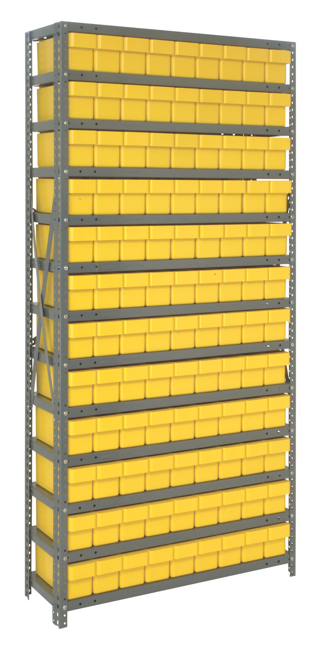 Shelving Unit, 12"D x 36"L x 75"H, heavy duty, 400 lb. load capacity per shelf, includes: (13) shelves, (108) 11-5/8"L x 3-3/4"W x 4-5/8"H (QED501) yellow black bins, uprights and cross bars, smooth powder-coat finish, 1275-501YL