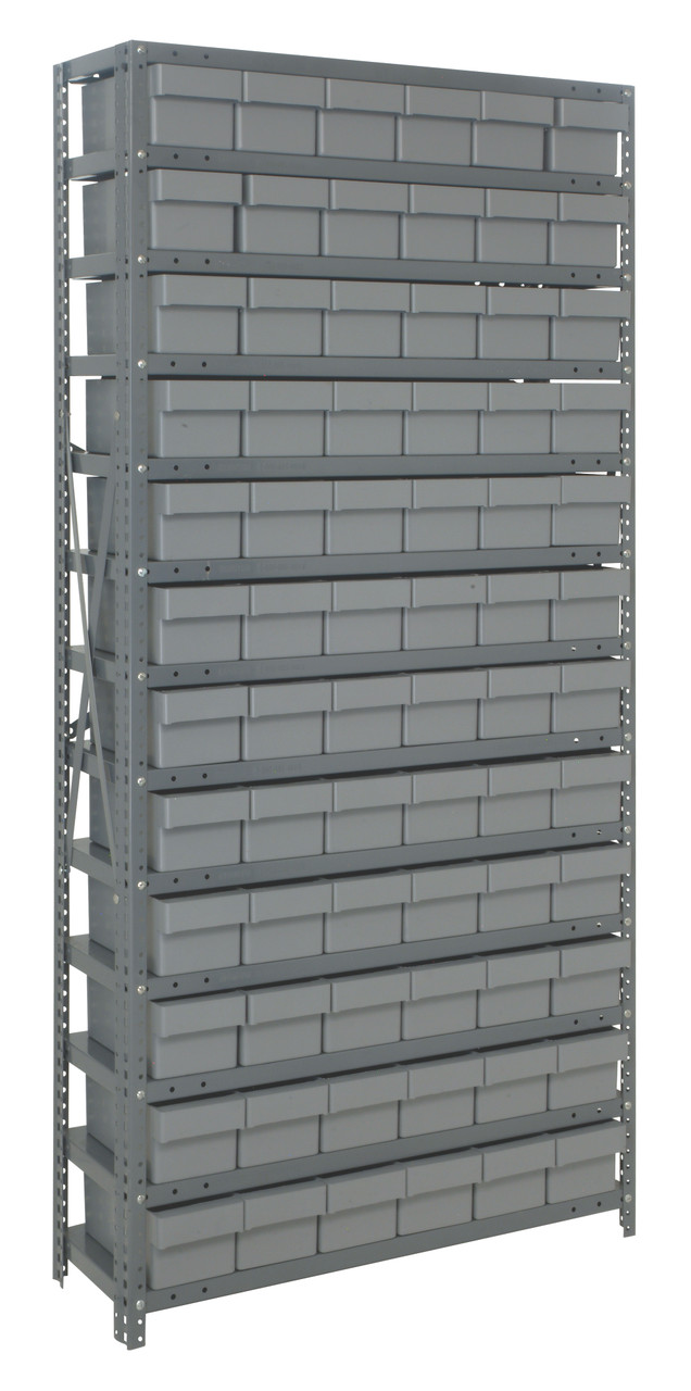 Shelving Unit, 12"D x 36"L x 75"H, heavy duty, 400 lb. load capacity per shelf, includes: (13) shelves, (72) 11-5/8"L x 5-9/16"W x 4-5/8"H (QED601) gray black bins, uprights and cross bars, smooth powder-coat finish, 1275-601GY