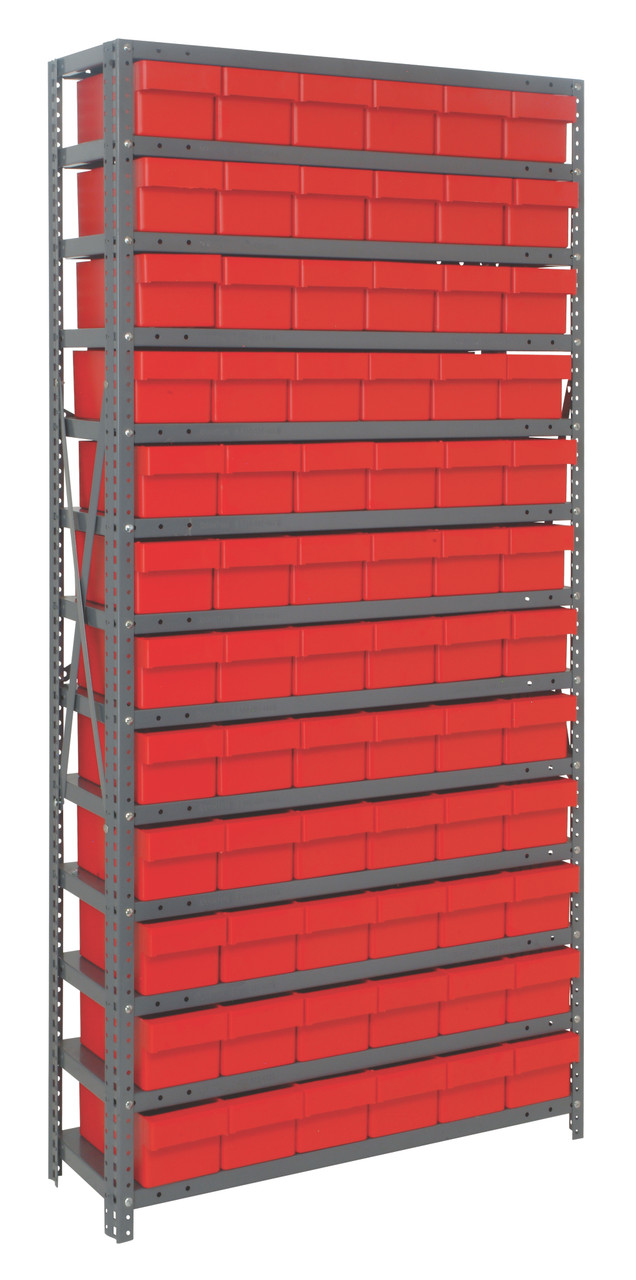 Shelving Unit, 12"D x 36"L x 75"H, heavy duty, 400 lb. load capacity per shelf, includes: (13) shelves, (72) 11-5/8"L x 5-9/16"W x 4-5/8"H (QED601) red black bins, uprights and cross bars, smooth powder-coat finish, 1275-601RD