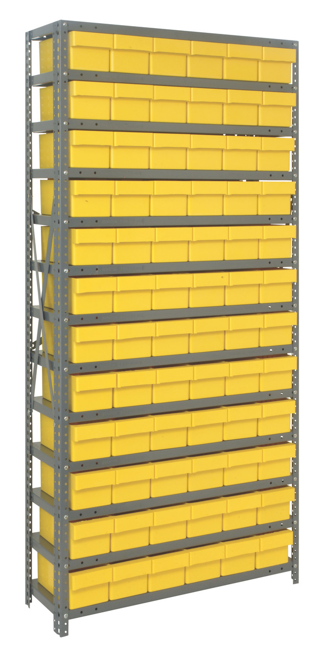 Shelving Unit, 12"D x 36"L x 75"H, heavy duty, 400 lb. load capacity per shelf, includes: (13) shelves, (72) 11-5/8"L x 5-9/16"W x 4-5/8"H (QED601) yellow black bins, uprights and cross bars, smooth powder-coat finish, 1275-601YL