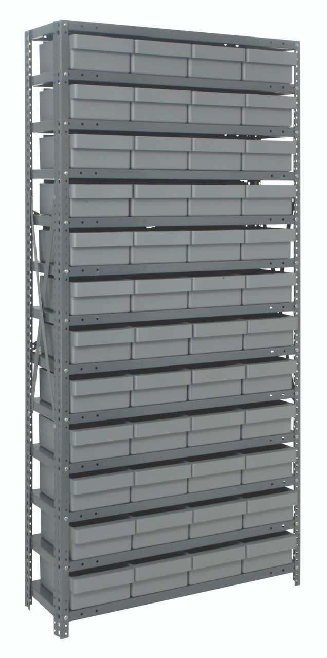 Shelving Unit, 12"D x 36"L x 75"H, heavy duty, 400 lb. load capacity per shelf, includes: (13) shelves, (48) 11-5/8"L x 8-3/8"W x 4-5/8"H (QED701) gray black bins, uprights and cross bars, smooth powder-coat finish, 1275-701GY