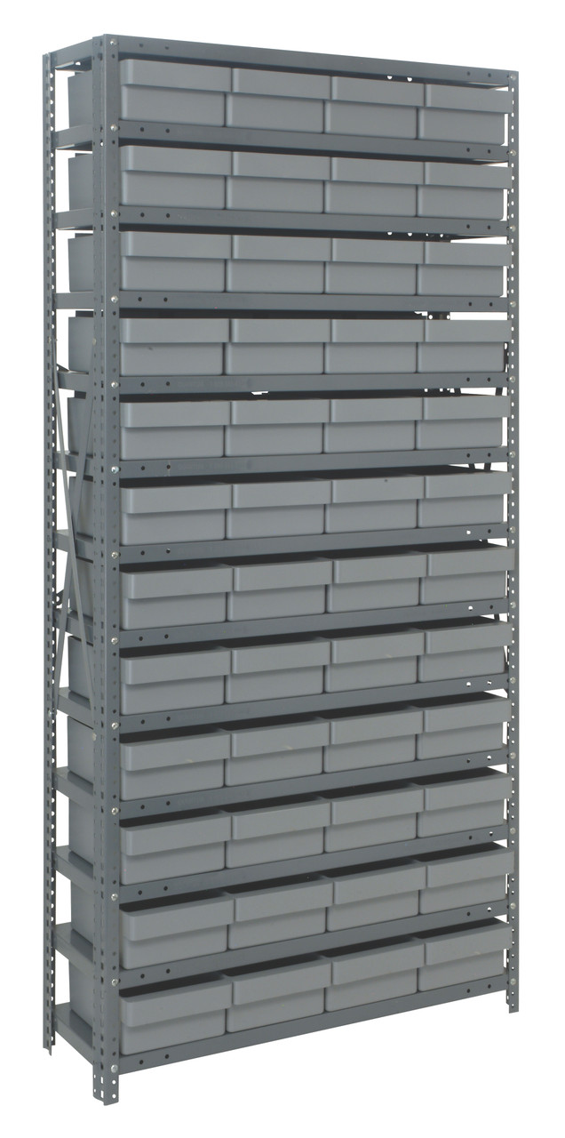Shelving Unit, 12"D x 36"L x 75"H, heavy duty, 400 lb. load capacity per shelf, includes: (13) shelves, (48) 11-5/8"L x 8-3/8"W x 4-5/8"H (QED701) gray black bins, uprights and cross bars, smooth powder-coat finish, 1275-701GY