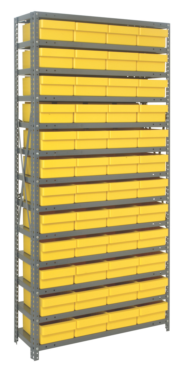 Shelving Unit, 12"D x 36"L x 75"H, heavy duty, 400 lb. load capacity per shelf, includes: (13) shelves, (48) 11-5/8"L x 8-3/8"W x 4-5/8"H (QED701) yellow black bins, uprights and cross bars, smooth powder-coat finish, 1275-701YL
