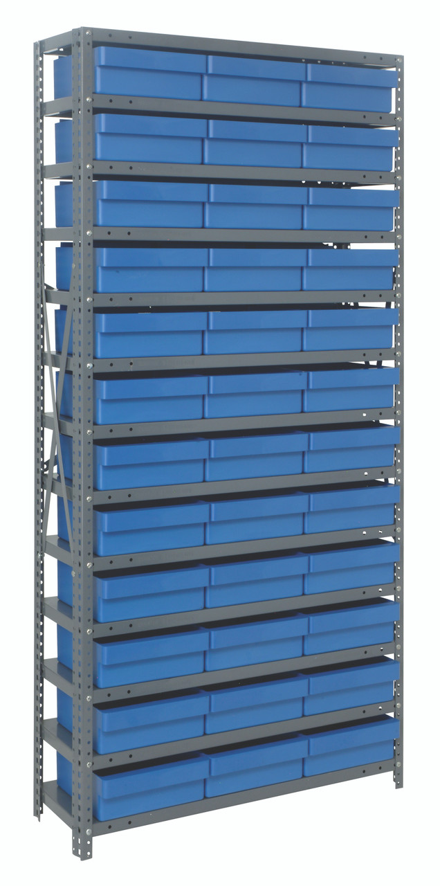 Shelving Unit, 12"D x 36"L x 75"H, heavy duty, 400 lb. load capacity per shelf, includes: (13) shelves, (36) 11-5/8"L x 11-1/8"W x 4-5/8"H (QED801) blue black bins, uprights and cross bars, smooth powder-coat finish, 1275-801BL