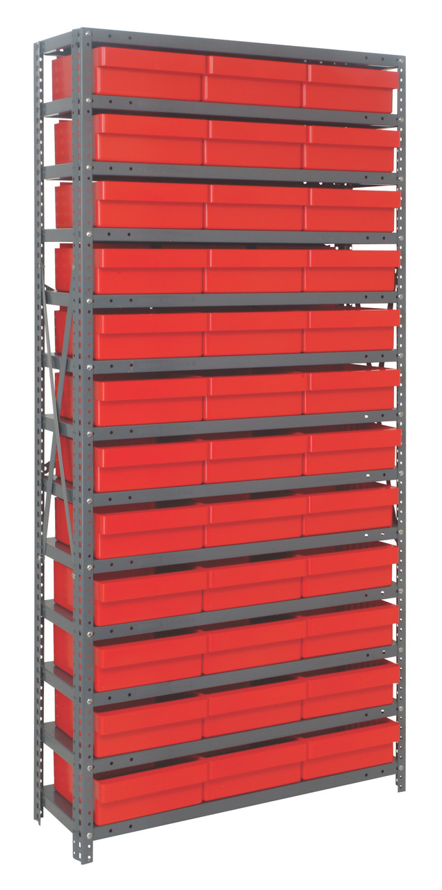 Shelving Unit, 12"D x 36"L x 75"H, heavy duty, 400 lb. load capacity per shelf, includes: (13) shelves, (36) 11-5/8"L x 11-1/8"W x 4-5/8"H (QED801) red black bins, uprights and cross bars, smooth powder-coat finish, 1275-801RD